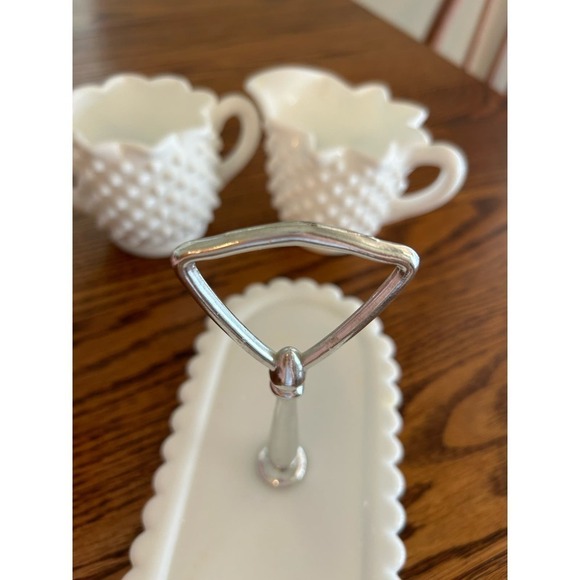 Hobnail White Mild Glass Sugar Bowl Creamer w/ Tray - Picture 6 of 6